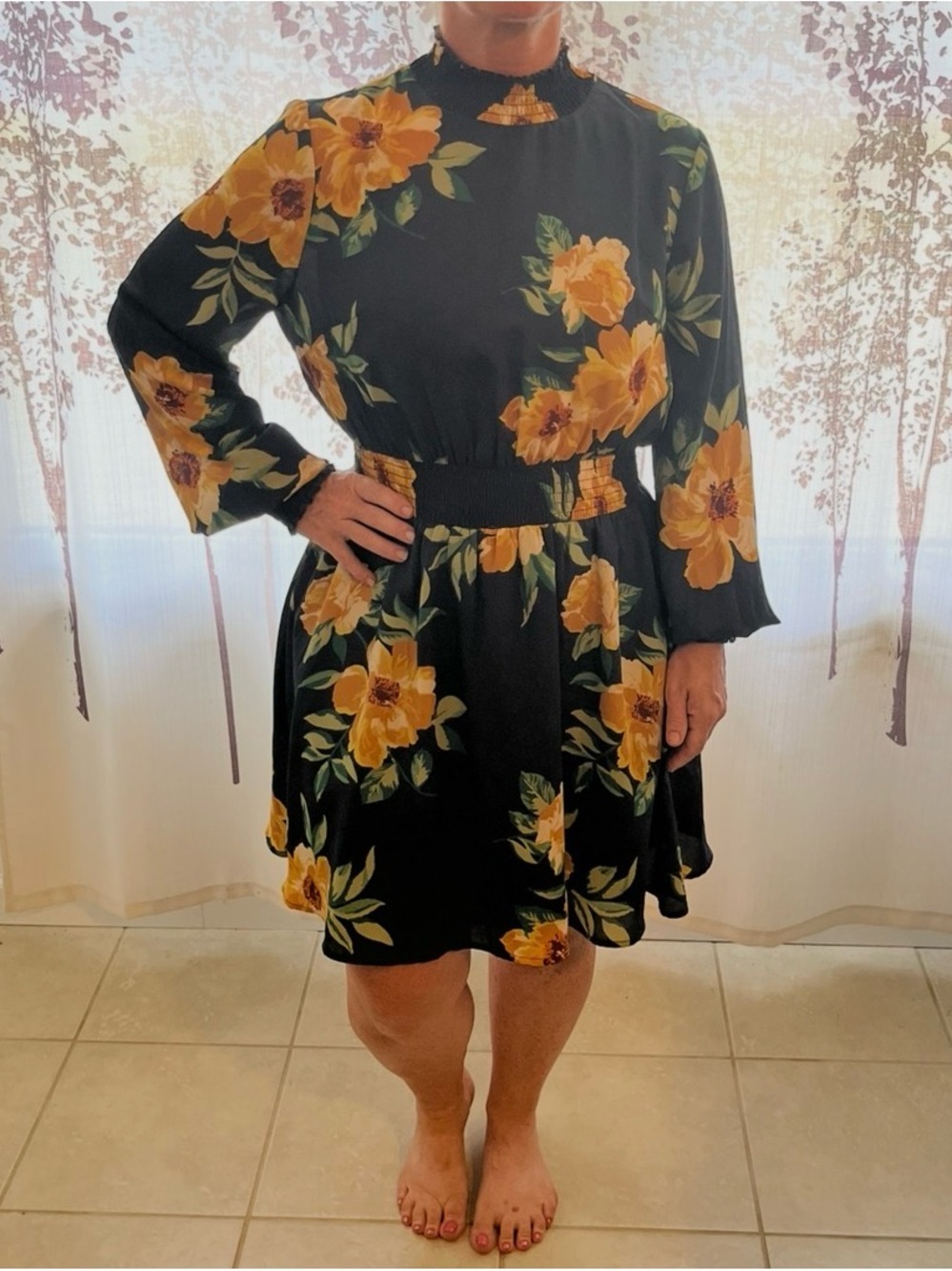 Forever 21 Navy Long-Sleeve Mini-length Dress with Yellow Floral Print